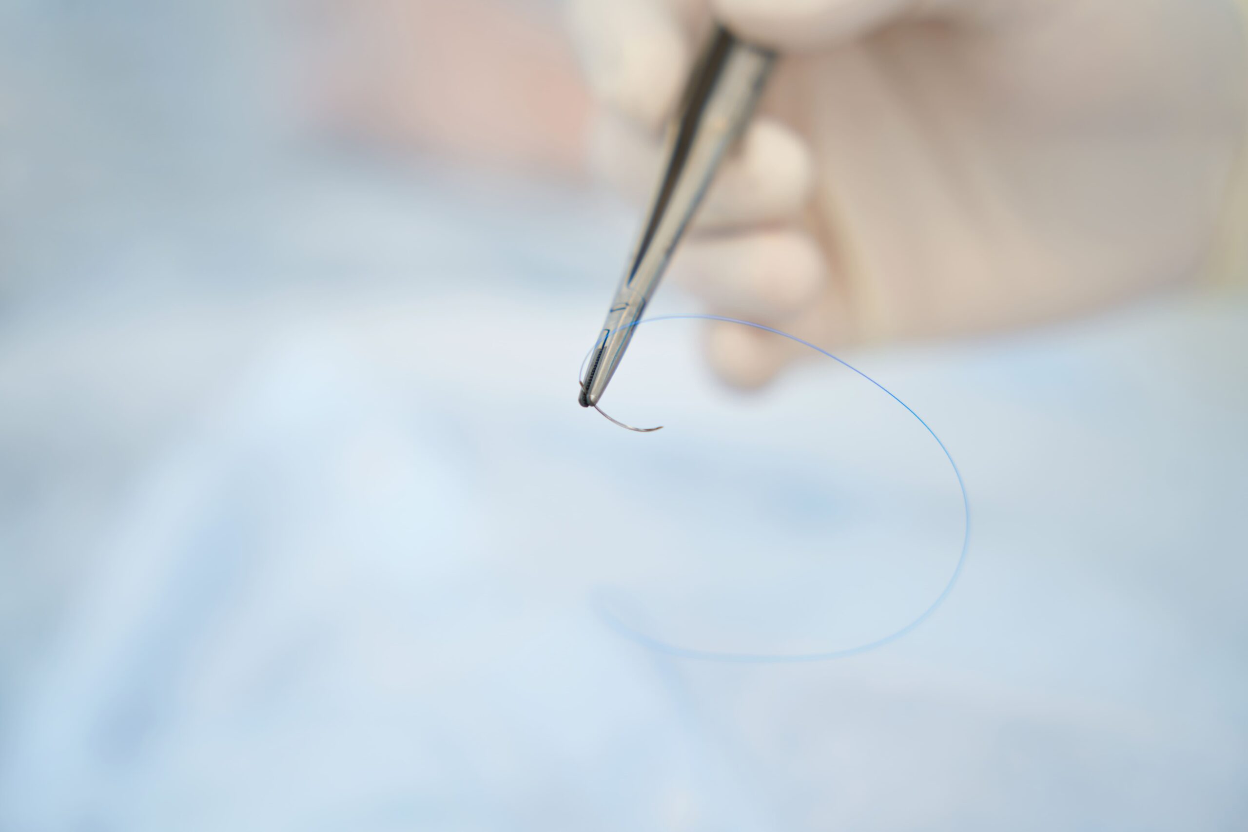 Close-up of surgical needle with suture