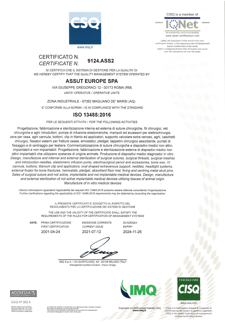 ISO 13485:2016 certificate Assut Europe veterinary sutures