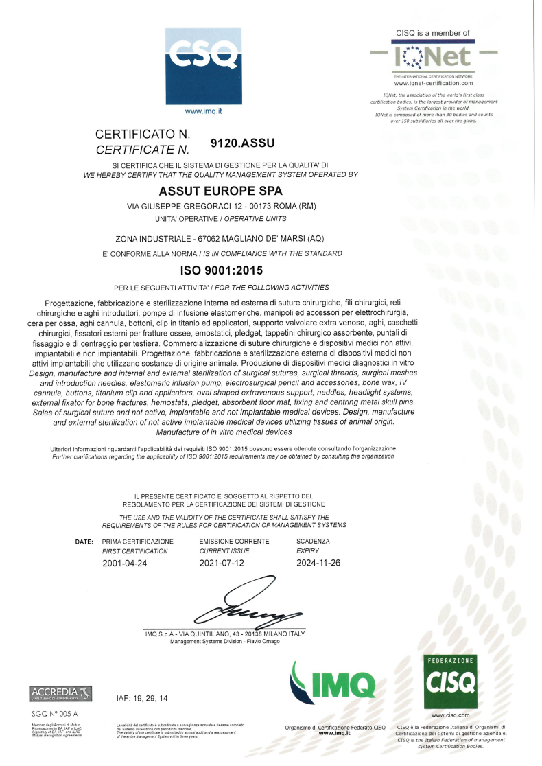 ISO 9001:2015 certificate Assut Europe veterinary sutures
