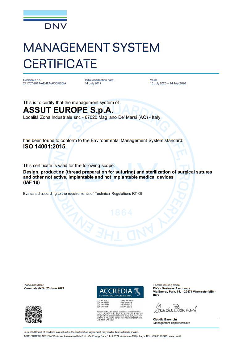ISO 14001:2015 certificate Assut Europe veterinary sutures